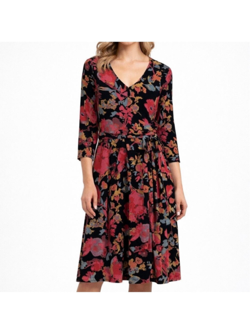 Peruvian Connection Floral V-Neck Midi Dress L